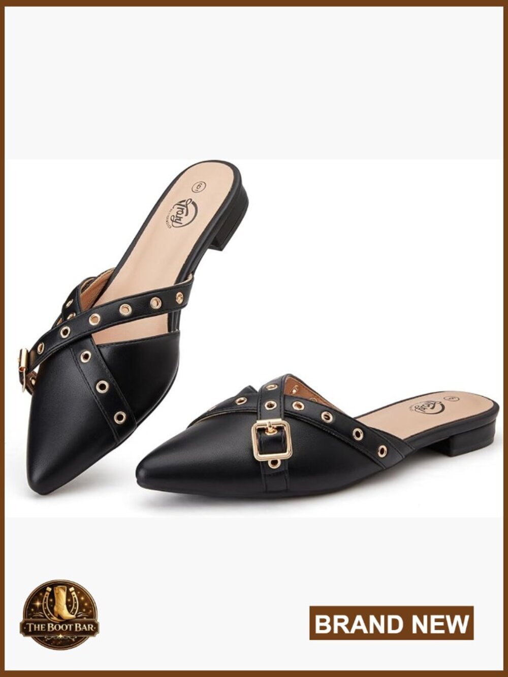 Pointed Toe Mules with Metal Buckle Straps, Slip-On Flats, Comfortable PU